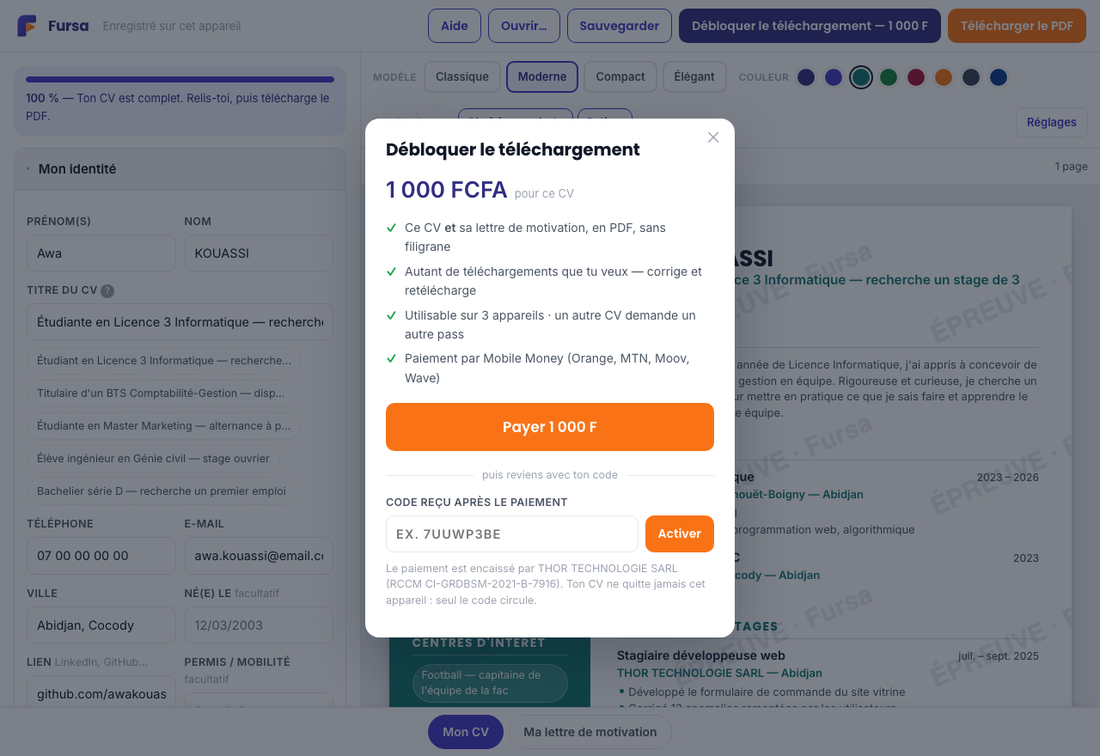 La fenêtre de paiement