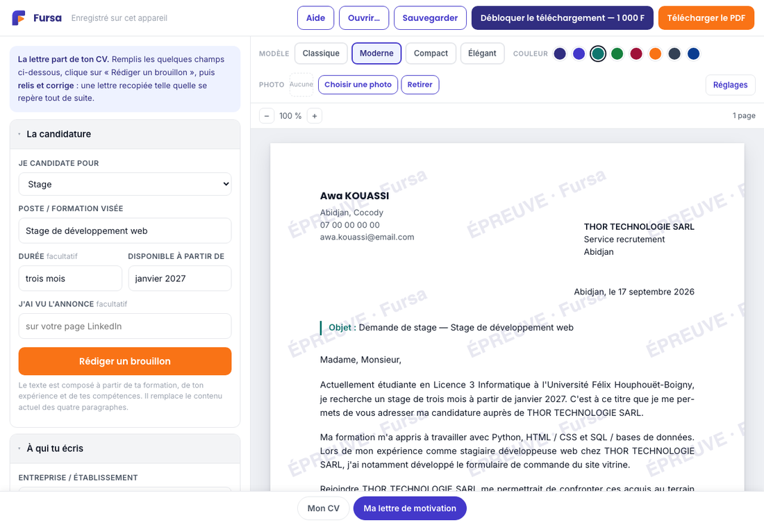 L'éditeur de lettre de motivation